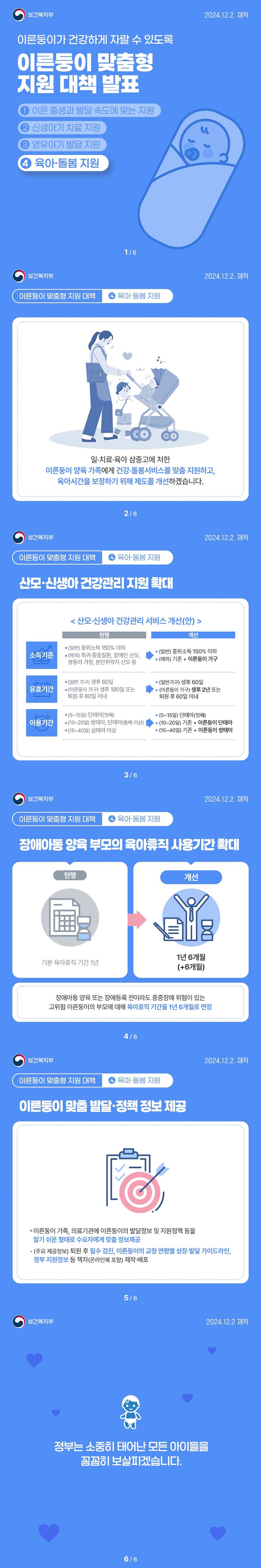 이른둥이가 건강하게 자랄 수 있도록 이른둥이 맞춤형 지원 대책 발표 4 육아 돌봄 지원 (보건복지부) 일·치료·육아 삼중고에 처한 이른둥이 양육 가족에게 건강·돌봄서비스를 맞춤 지원하고, 육아시간을 보장하기 위해 제도를 개선하겠습니다. ■ 산모·신생아 건강관리 지원 확대_산모·신생아 건강관리 서비스 개선(안) · 소득기준  (현행)  - 일반: 중위소득 150% 이하  - 예외: 희귀·중증질환, 장애인 산모 쌍둥이 가정, 분만취약지 산모 등  (개선)  - 일반: 중위소득 150% 이하  -· 예외: 기존 + 이른둥이 가구 · 유효기간  (현행)  - 일반 가구: 생후 60일  - 이른둥이 가구: 생후 180일 또는 퇴원 후 60일 이내  (개선)  - 일반가구: 생후 60일· - 이른둥이 가구: 생후 2년 또는 퇴원 후 60일 이내 · 이용기간  (현행)  - 5~15일: 단태아(첫째)  - 10~20일: 쌍태아, 단태아(둘째 이상)  - 15~40일: 삼태아 이상  (개선)  - 5~15일: 단태아(첫째)  - 10~20일: 기존 + 이른둥이 단태아  - 15~40일: 기존 + 이른둥이 쌍태아 ■ 장애아동 양육 부모의 육아휴직 사용기간 확대 (현행) 기본 육아휴직 기간 1년 →  (개선) 1년 6개월 (+6개월) 장애아동 양육 또는 장애등록 전이라도 중증장애 위험이 있는 고위험 이른둥이의 부모에 대해 육아휴직 기간을 1년 6개월로 연장 ■ 이른둥이 맞춤 발달·정책 정보 제공 · 이른둥이 가족, 의료기관에 이른둥이의 발달정보 및 지원정책 등을 알기 쉬운 형태로 수요자에게 맞춤 정보제공  - 주요 제공정보: 퇴원 후 필수 검진, 이른둥이의 교정 연령별 성장·발달 가이드라인, 정부 지원정보 등 책자(온라인북 포함) 제작·배포 정부는 소중히 태어난 모든 아이들을 꼼꼼히 보살피겠습니다.